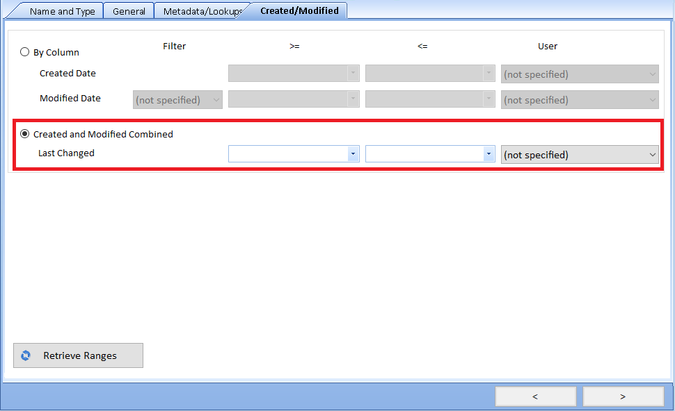 Entity Search Created/Modified tab